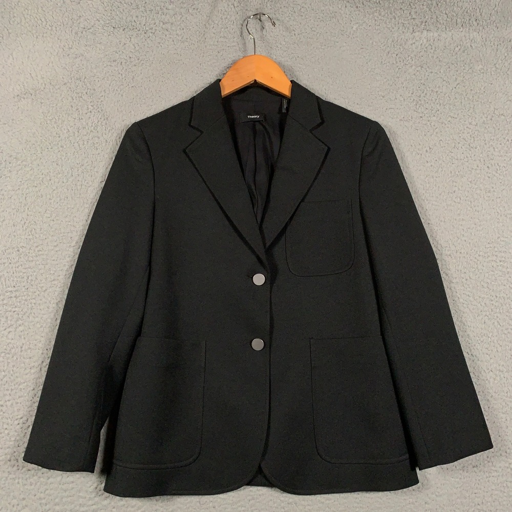 Theory Brightdale B Prospect Blazer Womens 10 Black Two Button Patch Pocket Wool